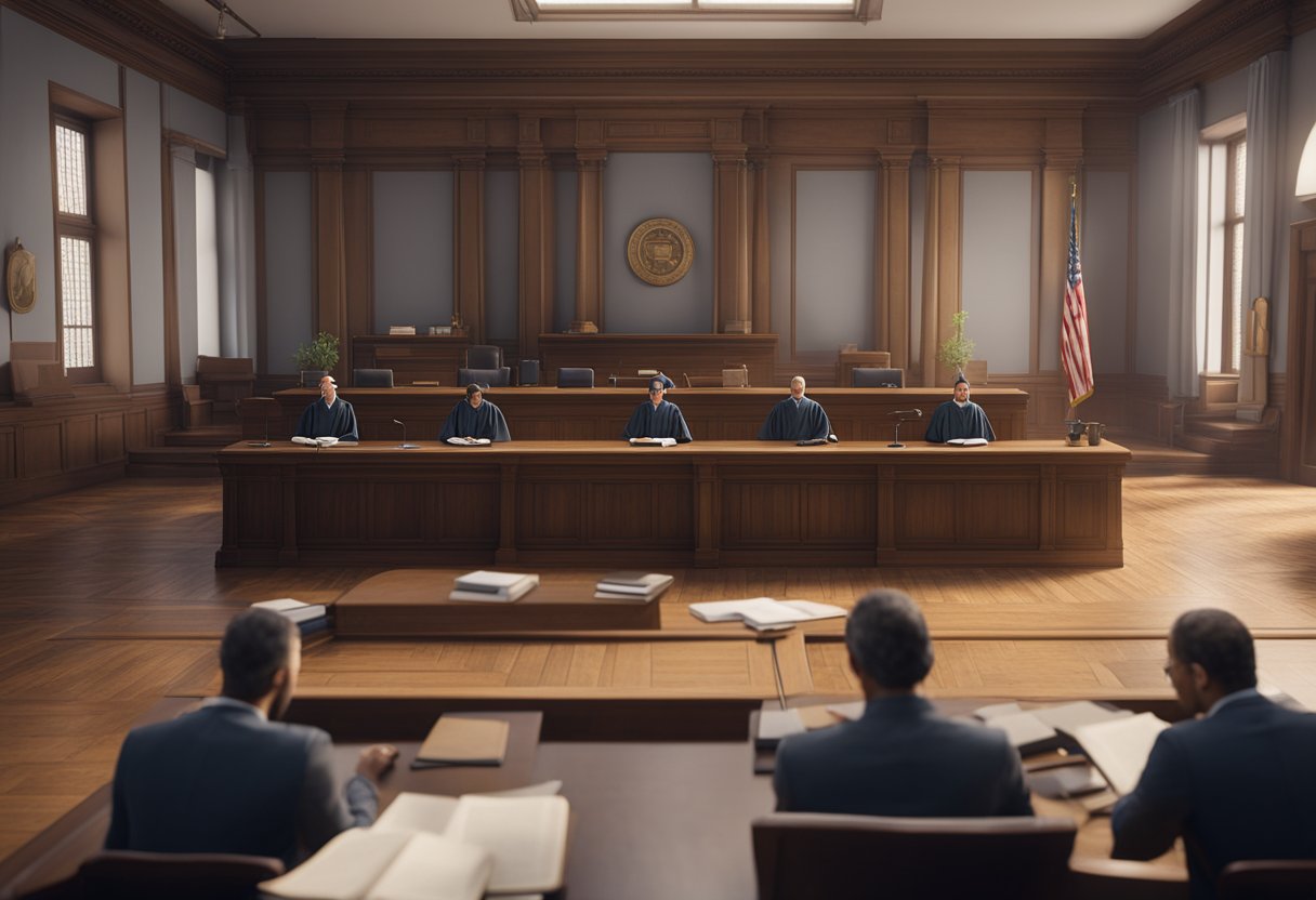 The scene shows a courtroom with a judge, lawyers, and defendant. The judge is reading from a book labeled "Artigo 31 Código Penal Comentado" while the lawyers listen attentively